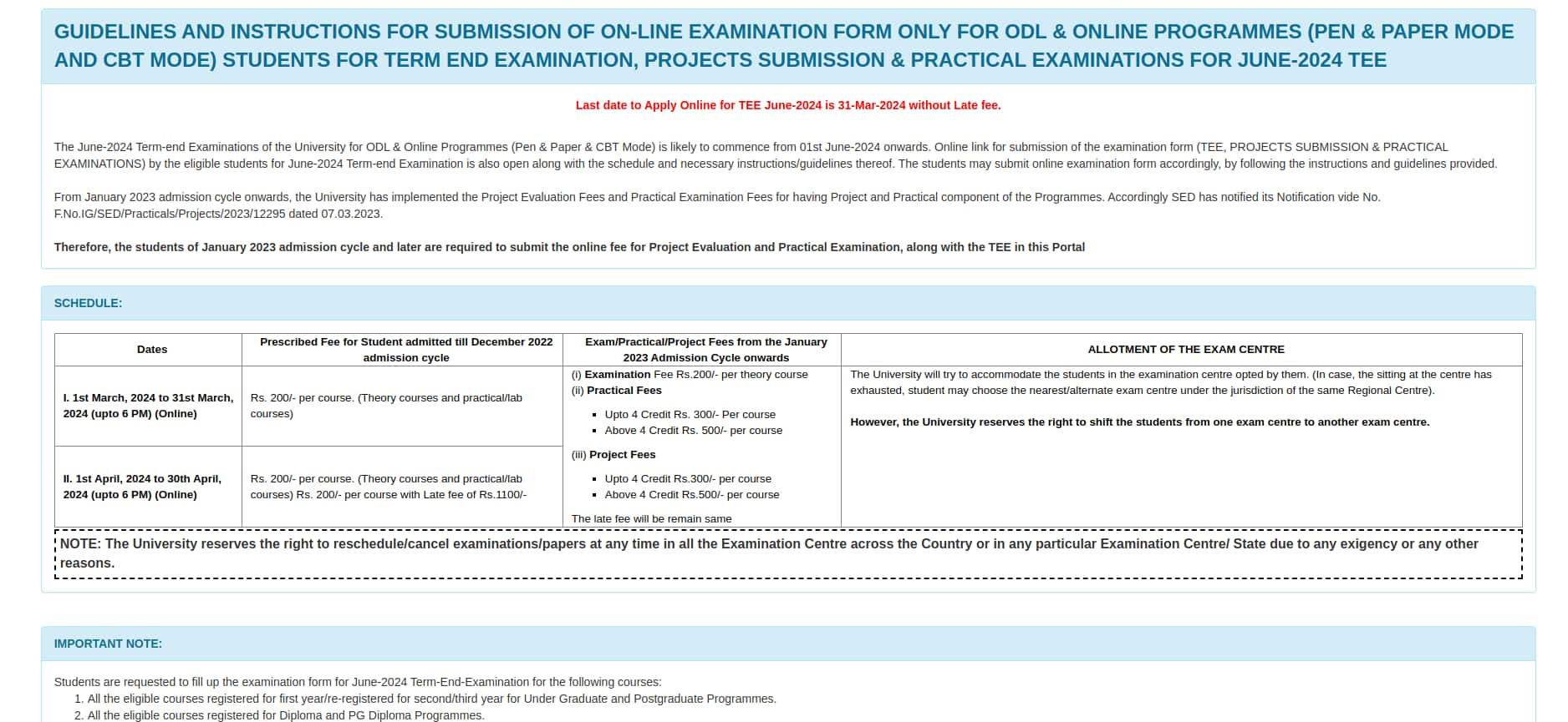 IGNOU Exam Form December 2024 (Out), TEE, exam.ignou.ac.in, Apply